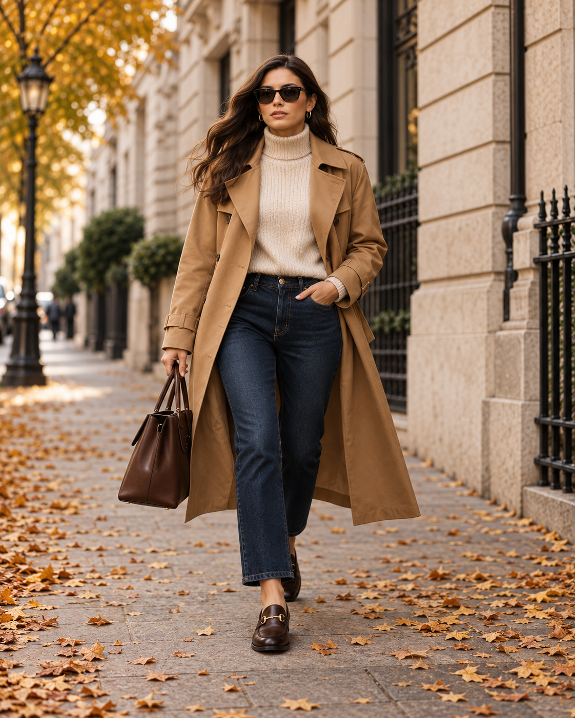 Efterårslook til kvinder med trenchcoat strik jeans og loafers