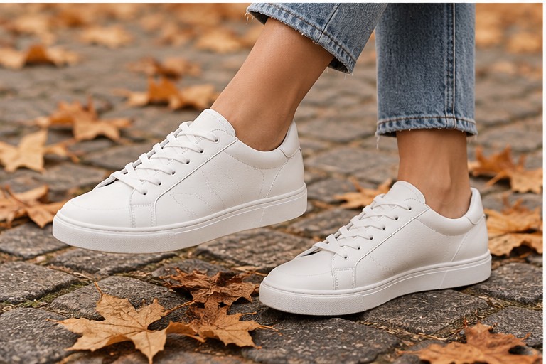 Hvide sneakers til kvinder i et efterårsoutfit