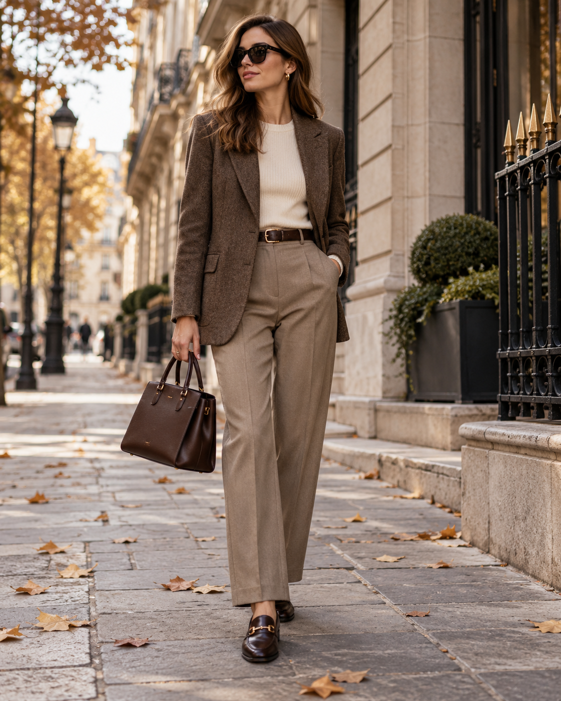 Elegant efterårslook til kontoret med brun blazer stofbukser loafers og struktureret taske