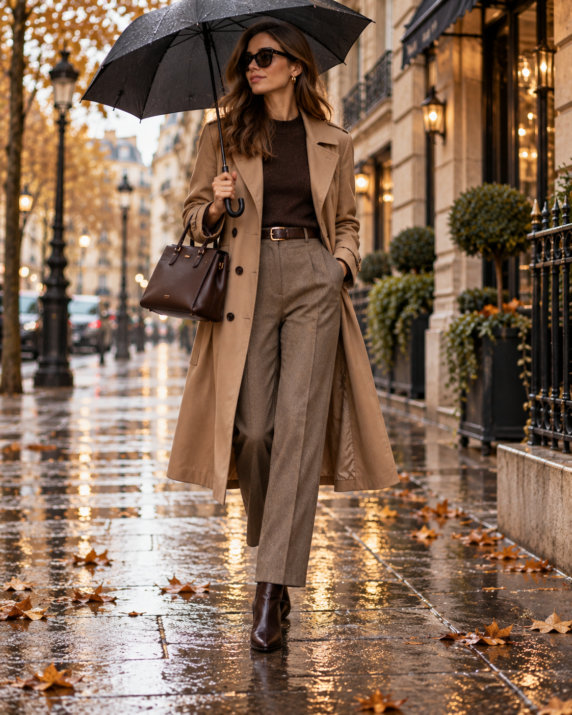 Elegant look til en regnfuld efterårsdag med trenchcoat stofbukser støvletter taske og paraply
