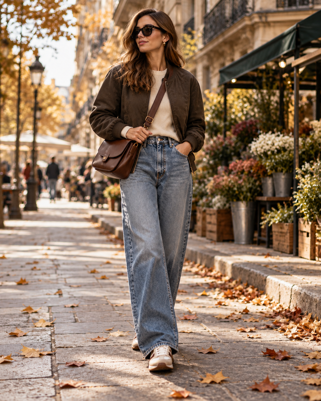 Afslappet weekendlook med bomberjakke jeans med vide ben striktrøje sneakers og skuldertaske