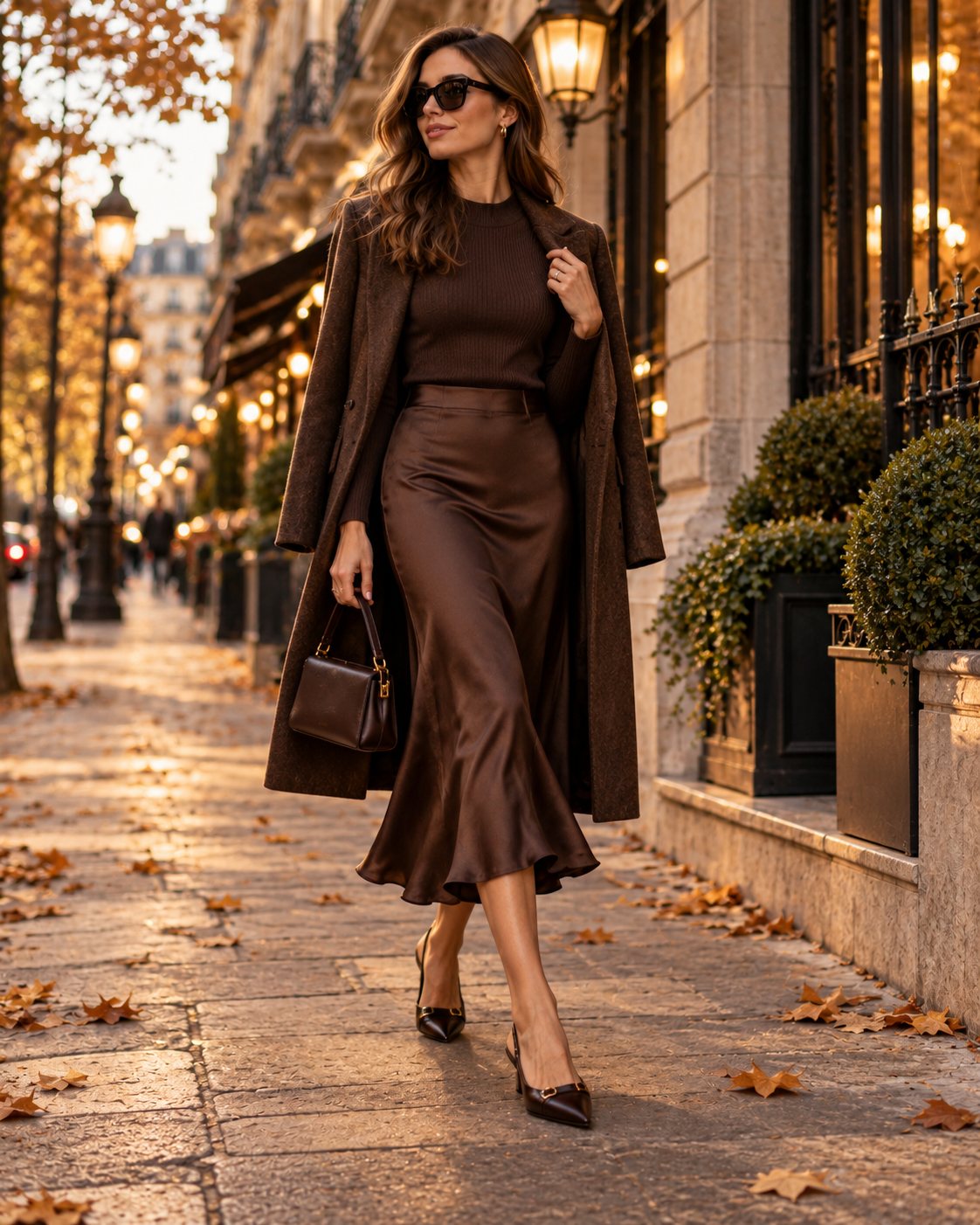 Elegant aftenlook i chokoladebrune nuancer med midi-nederdel blazer elegante sko og lille taske