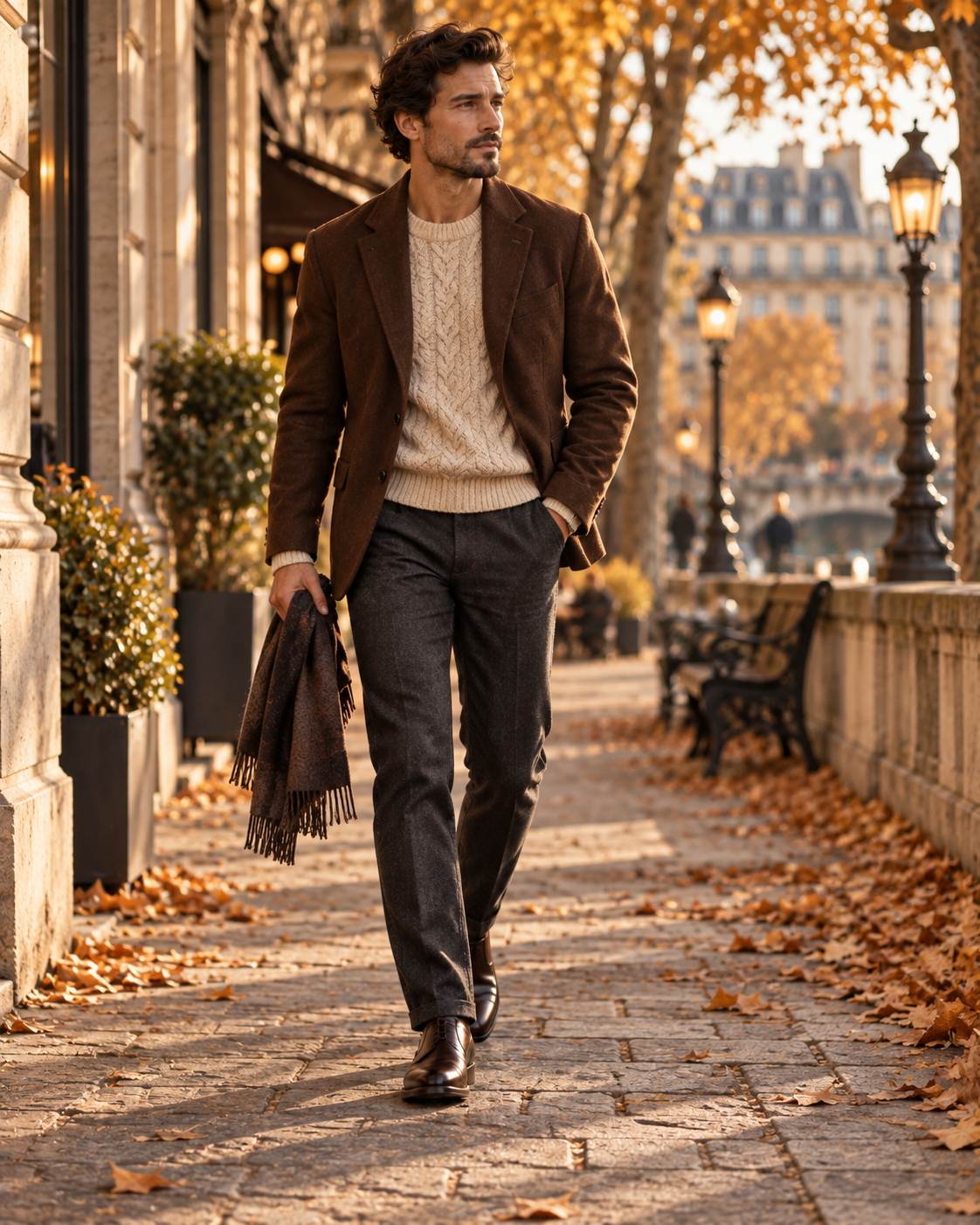 Smart casual herrelook med brun blazer lys striktrøje og bukser