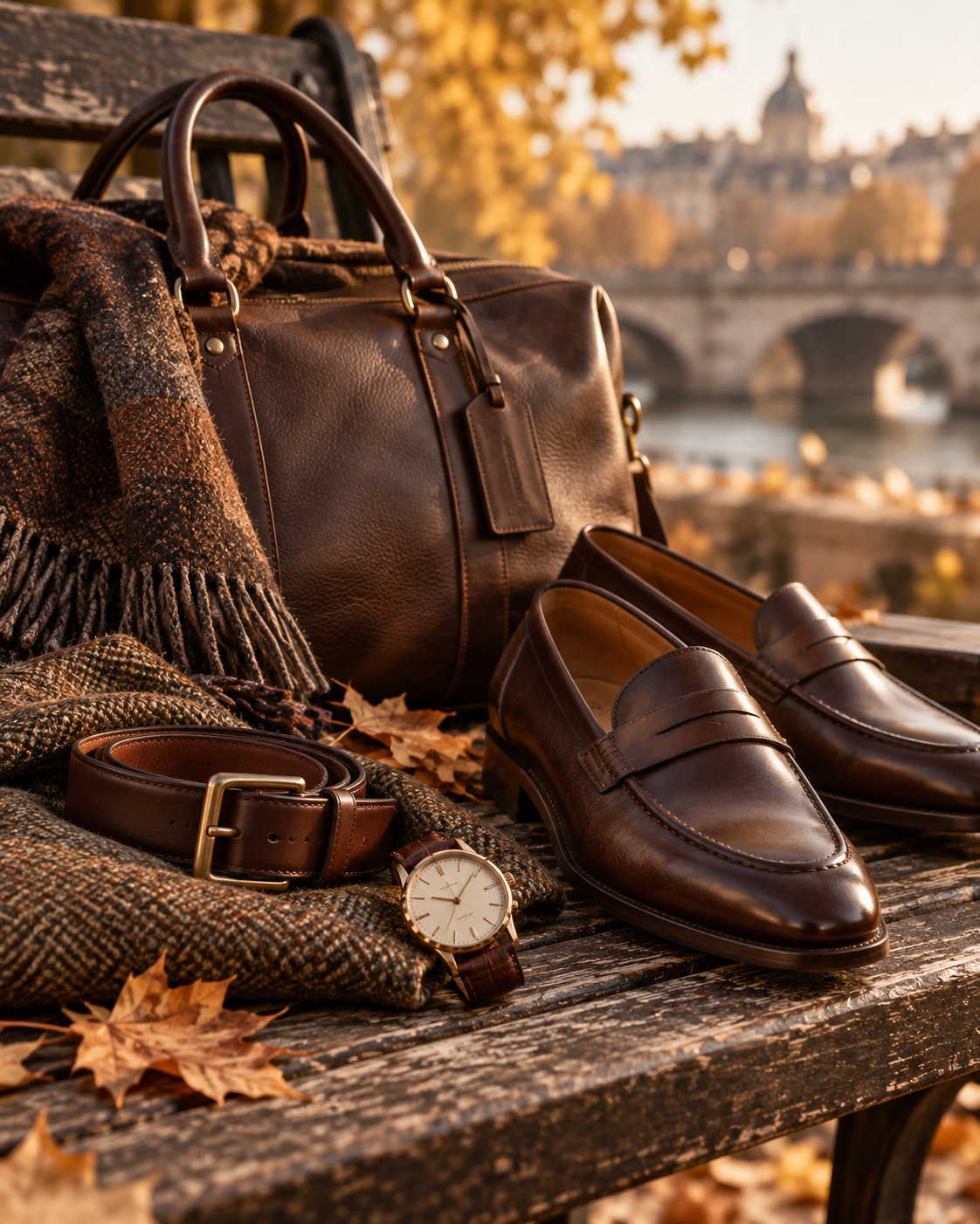 Herreaccessories til efteråret med lædertaske bælte ur tørklæde og loafers