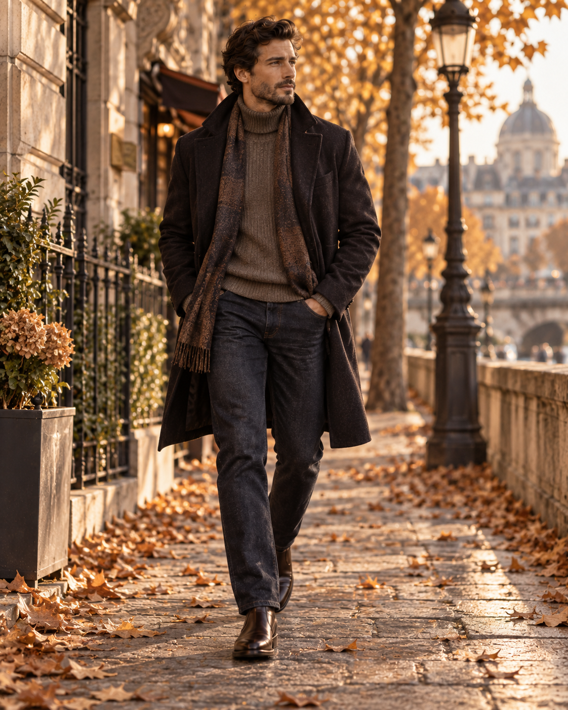 Efterårslook til mænd med lang frakke striktrøje jeans og Chelsea boots