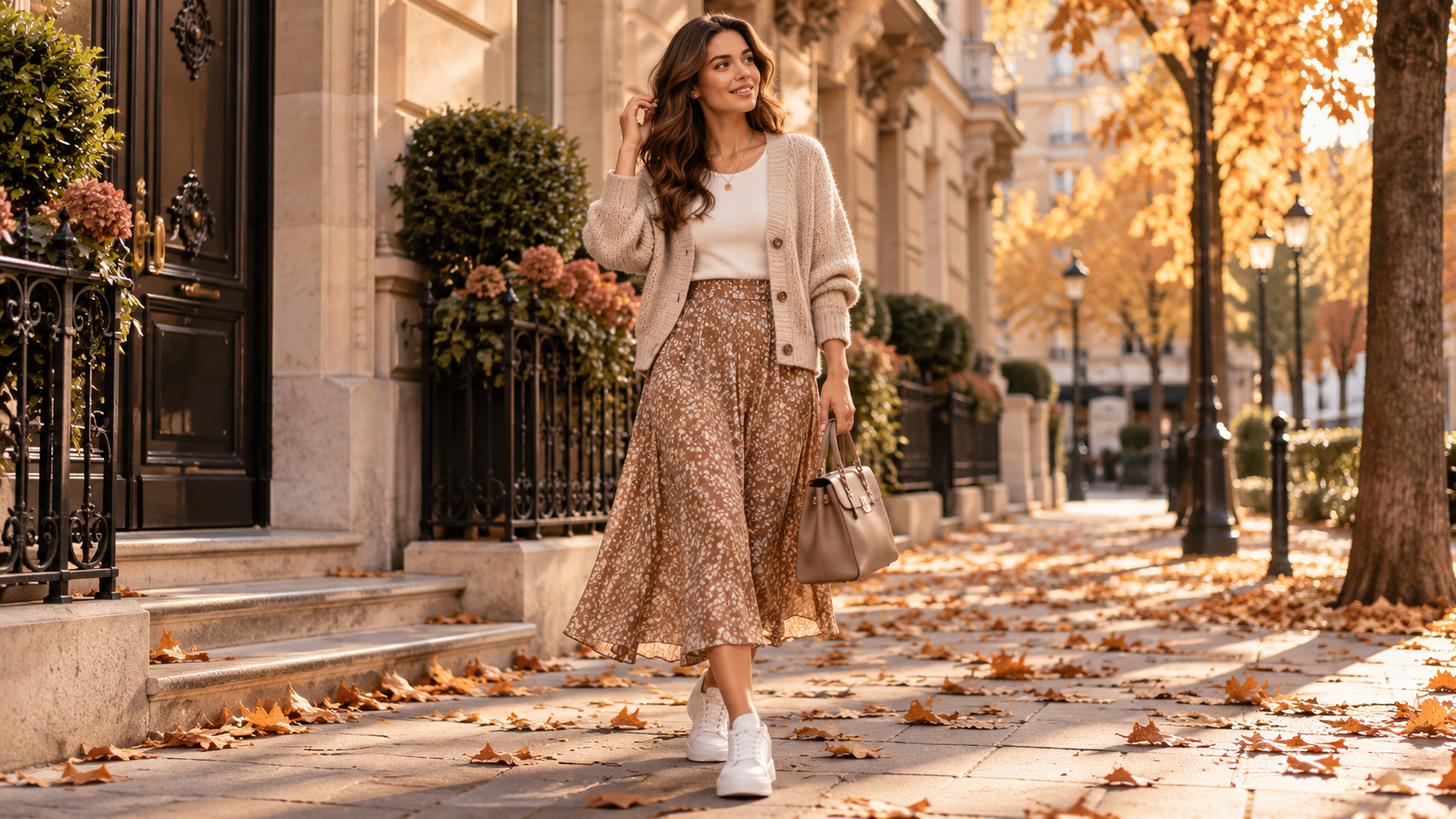 Midinederdel med sneakers og cardigan til et stilfuldt efterårslook