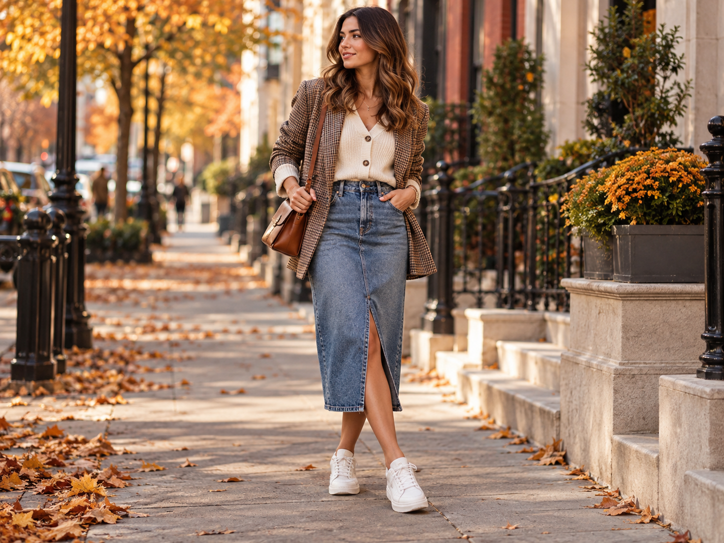 Denimnederdel med sneakers til et afslappet efterårslook